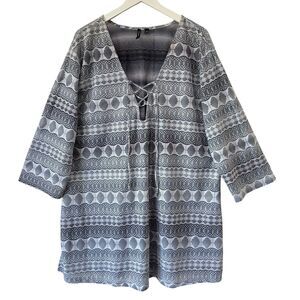 Portocruz Tunic Cover Up Swim Womens Size 2X Gray White Lace Up Semi Sheer